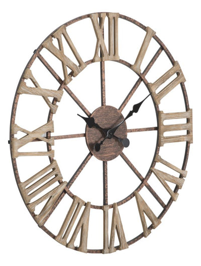 Horloge murale avec chiffres romains en métal et bois