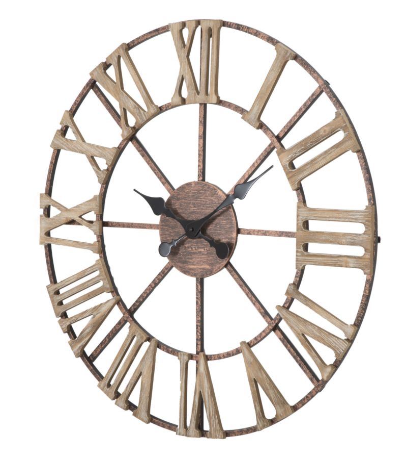 Horloge murale avec chiffres romains en métal et bois