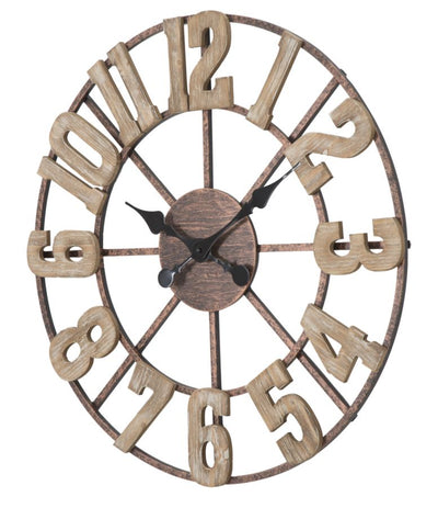 Horloge murale avec chiffres arabes en métal et bois