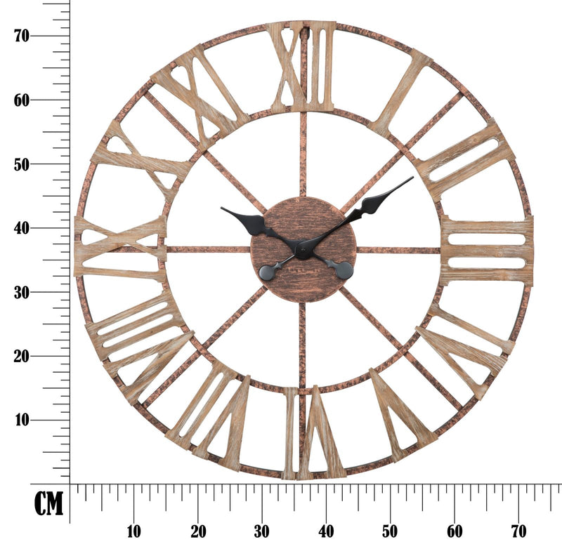 Horloge murale avec chiffres romains en métal et bois