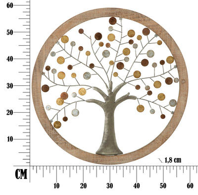 Décoration murale en forme d'arbre métallique (dans un cadre rond en bois)