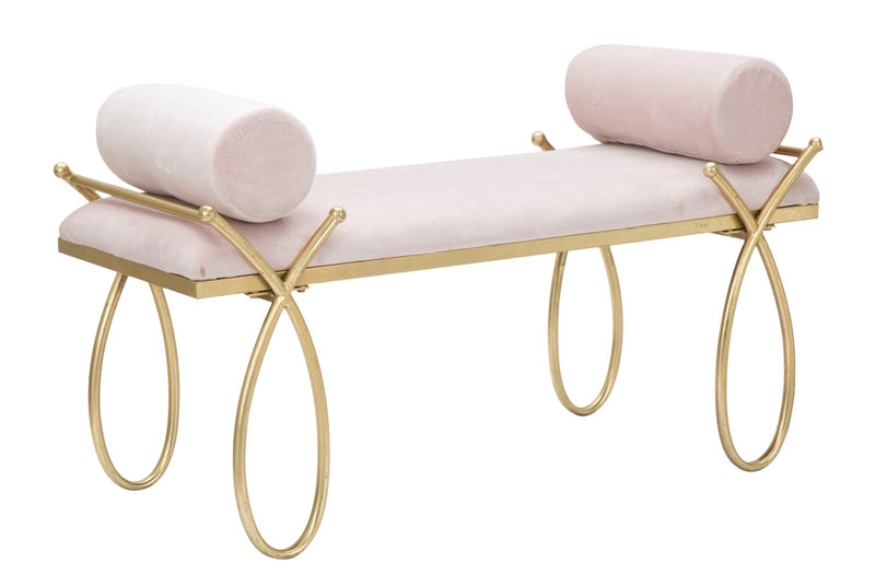 Banc en velours rose pâle avec pieds en métal doré