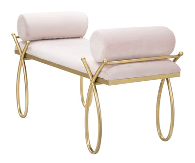 Banc en velours rose pâle avec pieds en métal doré