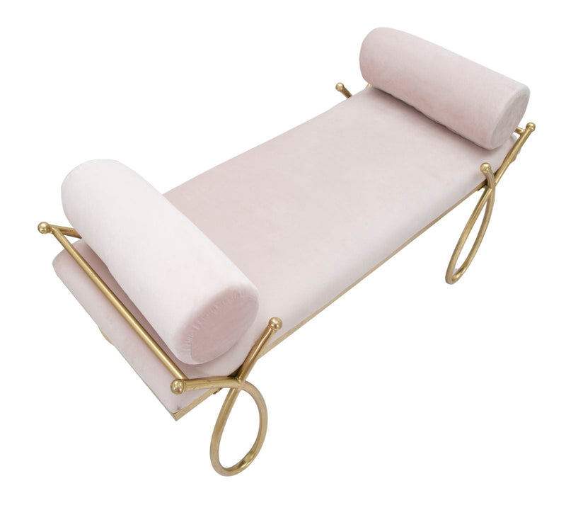 Banc en velours rose pâle avec pieds en métal doré