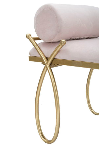 Banc en velours rose pâle avec pieds en métal doré