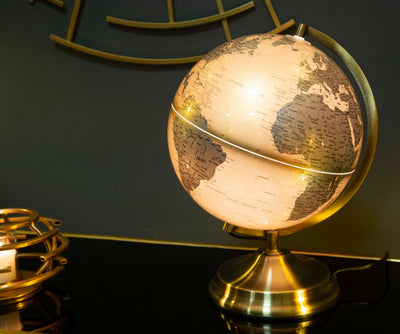 Globe terrestre en bronze et blanc avec lumière