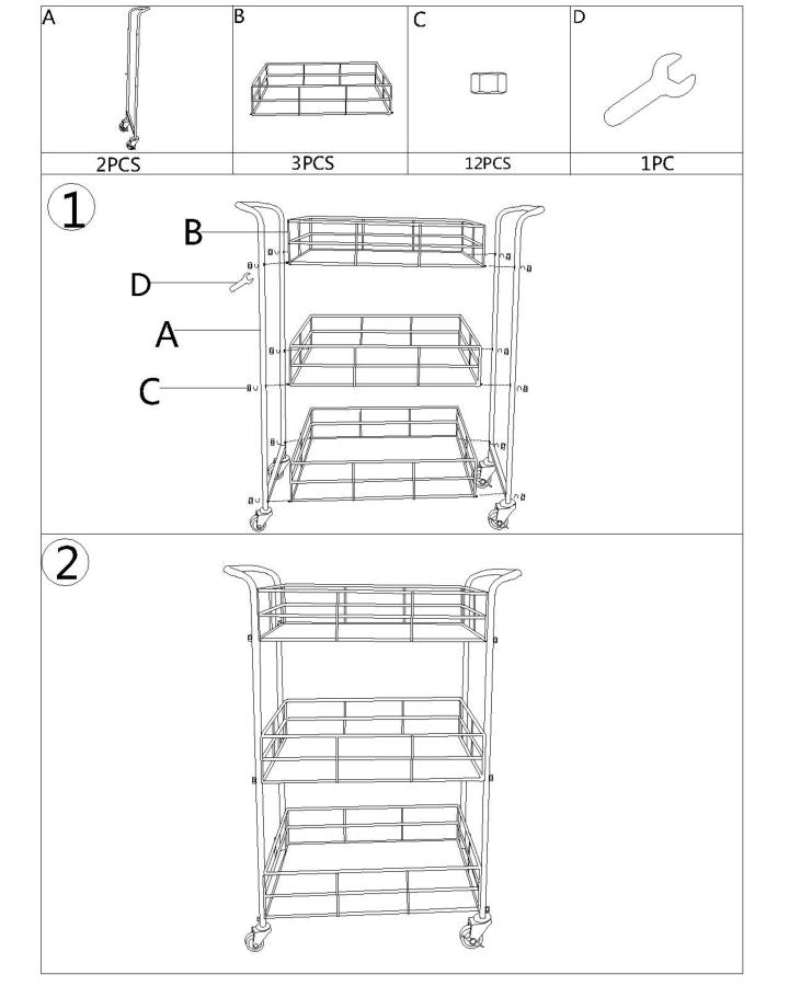 Chariot carré en métal et verre avec 3 étagères