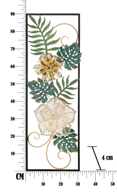 Décor mural métallique en forme de feuille et de fleur tropicale dans un cadre