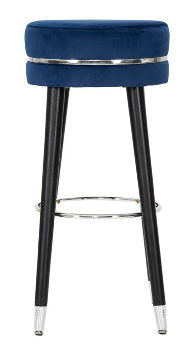 Tabouret de bar en velours bleu et argent avec pieds noirs