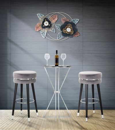 Tabouret de bar en velours gris et argent avec pieds noirs