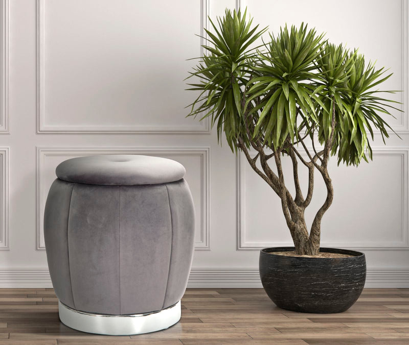 Pouf de rangement en velours gris et argent