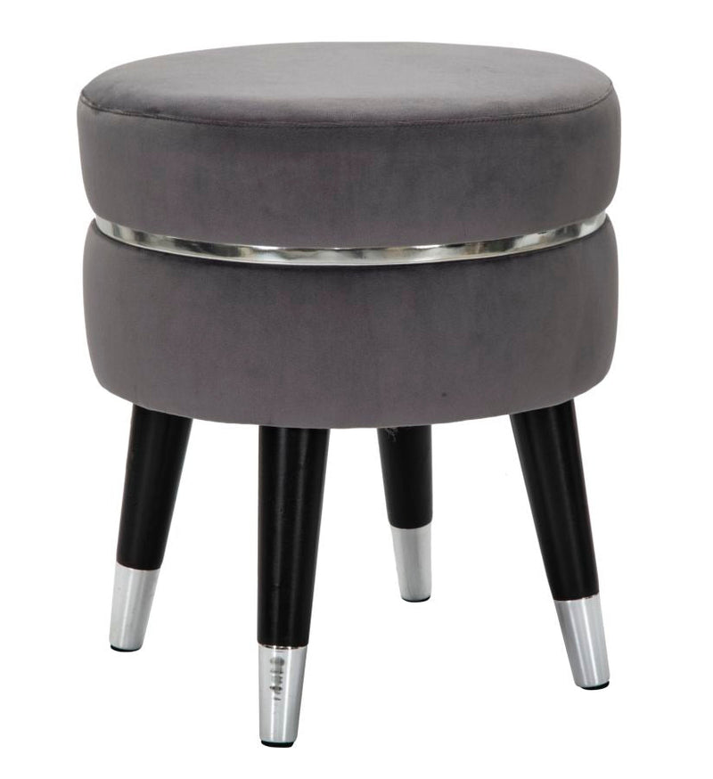 Petit tabouret de bar en velours gris et argent avec pieds noirs