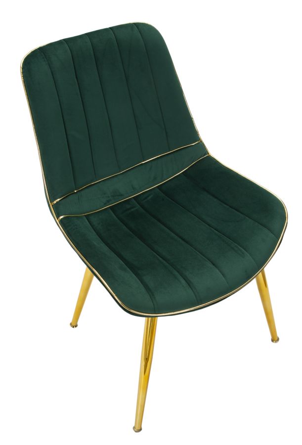 Chaise rembourrée verte avec pieds en métal doré