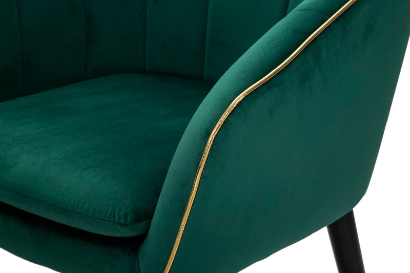 Chaise rembourrée verte avec pieds en bois noir avec détails dorés