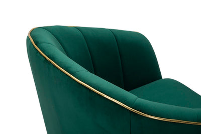 Chaise rembourrée verte avec pieds en bois noir avec détails dorés