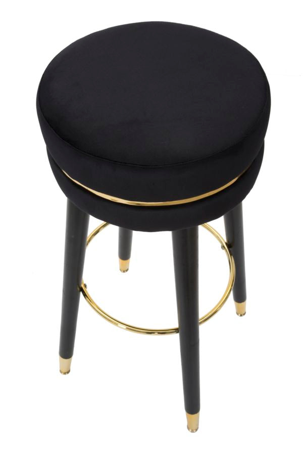 Tabouret de bar en velours noir et doré avec pieds noirs