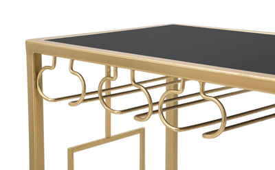 Table console en métal doré avec porte-bouteilles