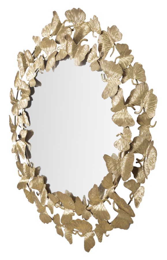 Miroir mural rond avec feuilles en métal doré