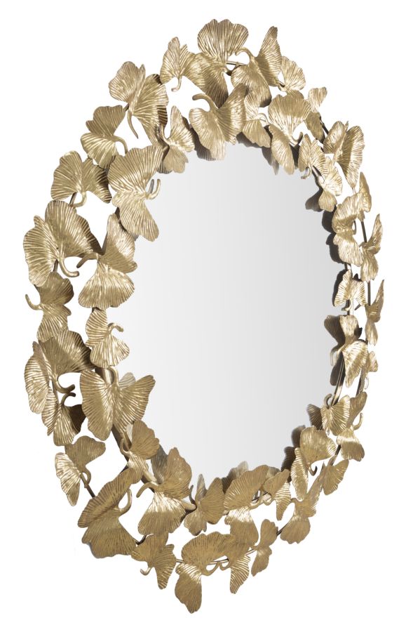 Miroir mural rond avec feuilles en métal doré