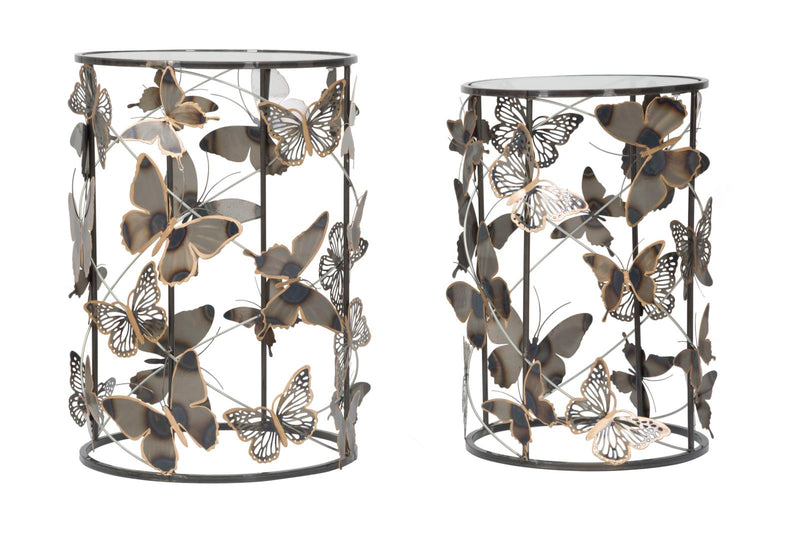 Table d’appoint en métal et verre avec papillon (ensemble de 2)