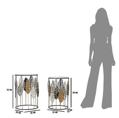 Table d’appoint en métal et verre avec feuille décorative (ensemble de 2)