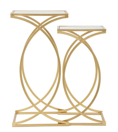 Table d’appoint carrée en métal et verre doré avec double plateau