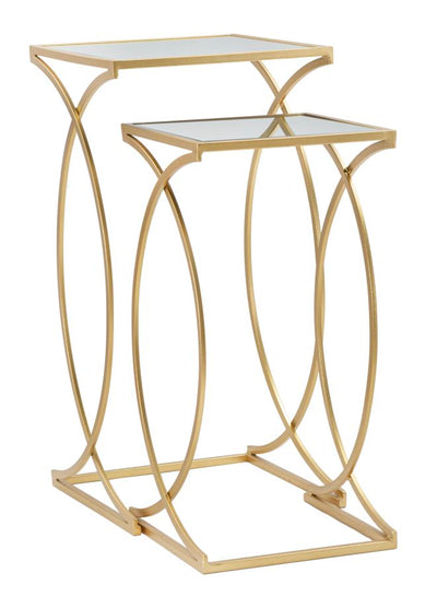 Table d’appoint carrée en métal et verre doré avec double plateau