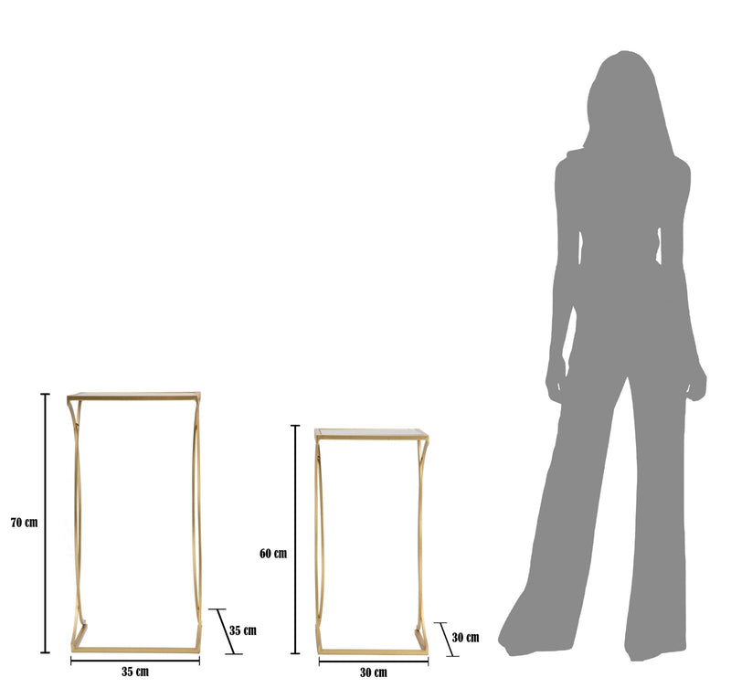 Table d’appoint carrée en métal et verre doré avec double plateau