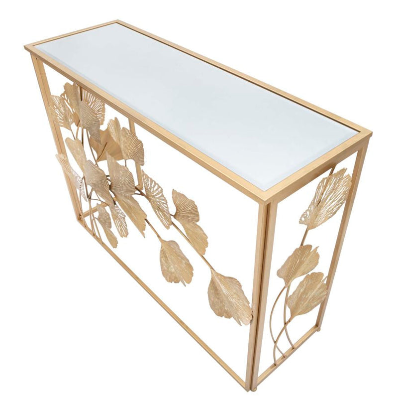 Table console rectangulaire en métal doré et verre avec décor de feuilles