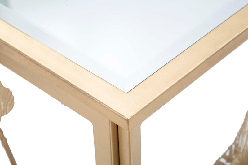 Table console rectangulaire en métal doré et verre avec décor de feuilles