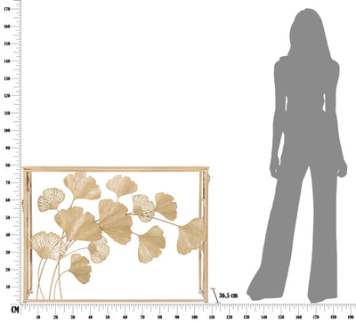 Table console rectangulaire en métal doré et verre avec décor de feuilles