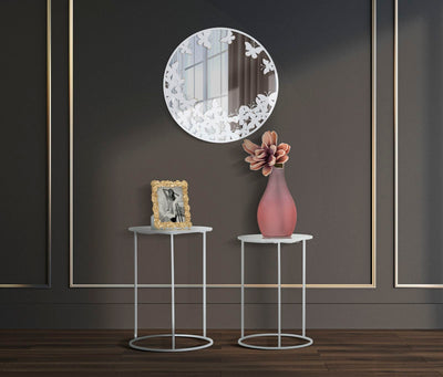 Miroir rond avec papillon en métal blanc