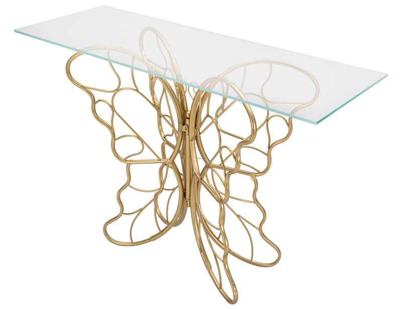 Table console en métal et verre avec papillon doré