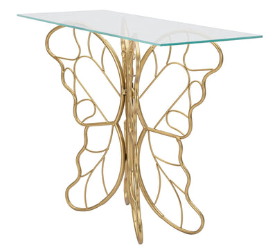 Table console en métal et verre avec papillon doré