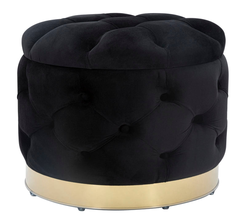 Tabouret de rangement en velours noir avec détails dorés