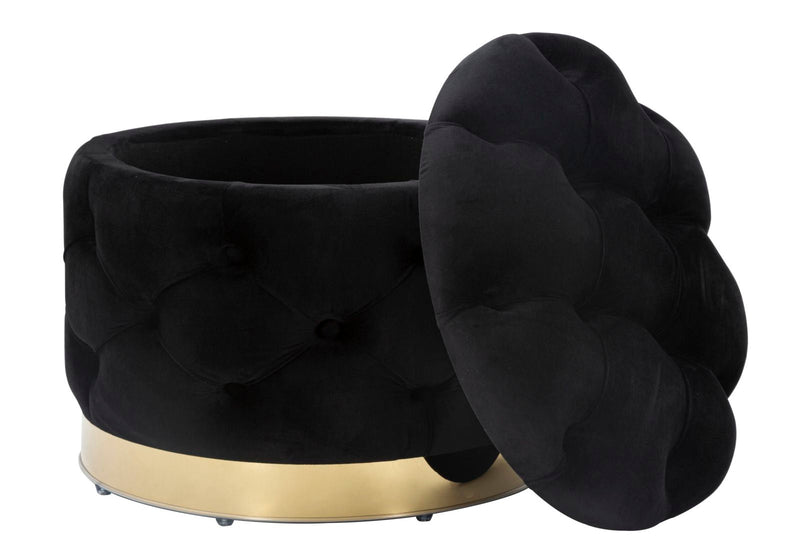 Tabouret de rangement en velours noir avec détails dorés