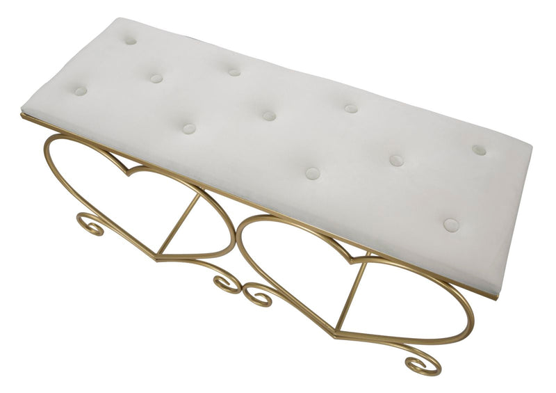 Banc crème avec pieds en forme de cœur en métal doré