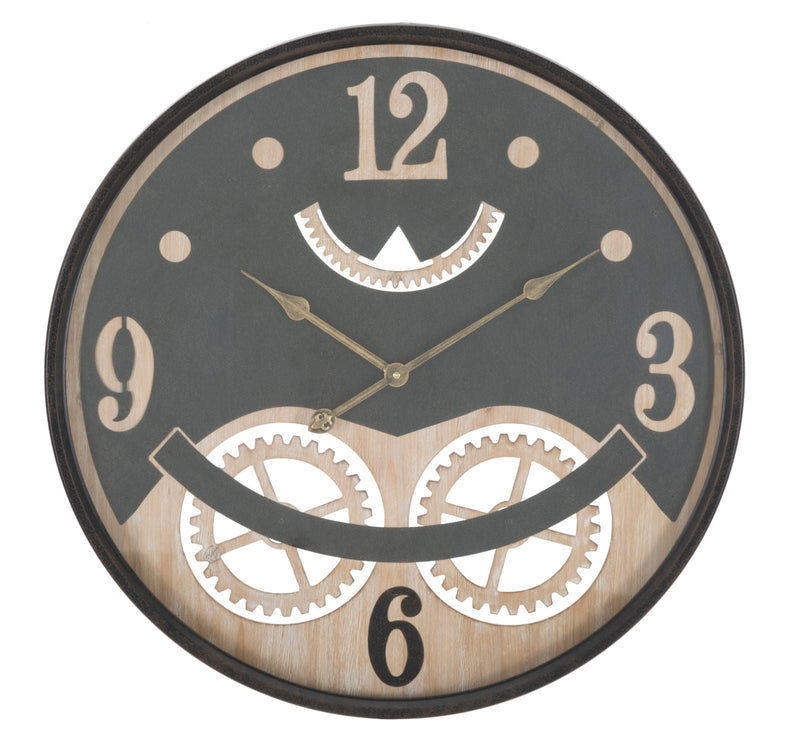 Horloge murale hibou en métal noir et bois