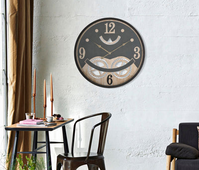 Horloge murale hibou en métal noir et bois