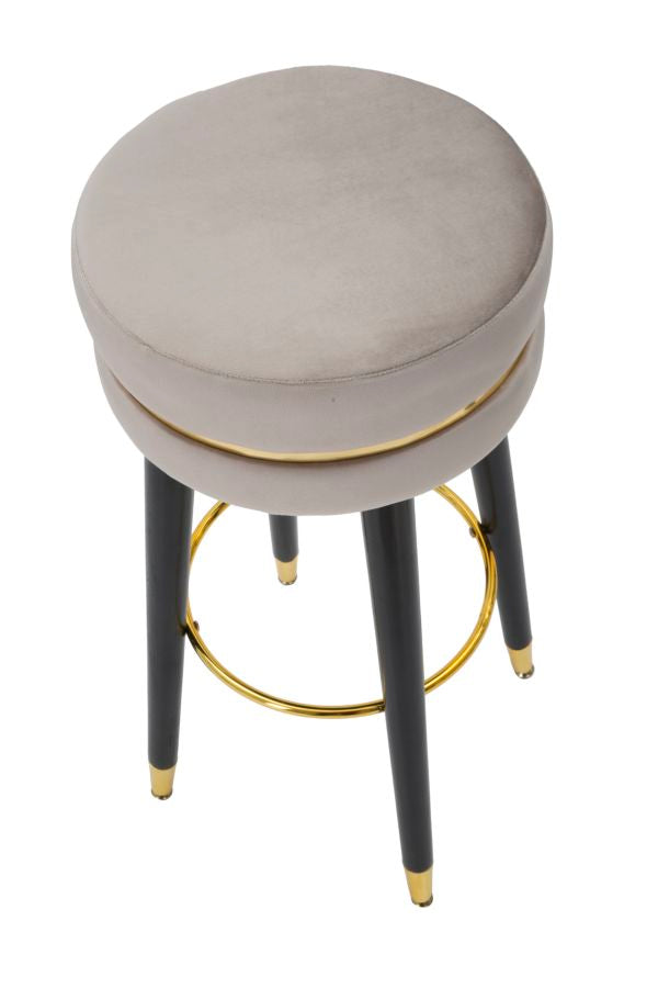 Tabouret de bar en velours gris et doré avec pieds noirs