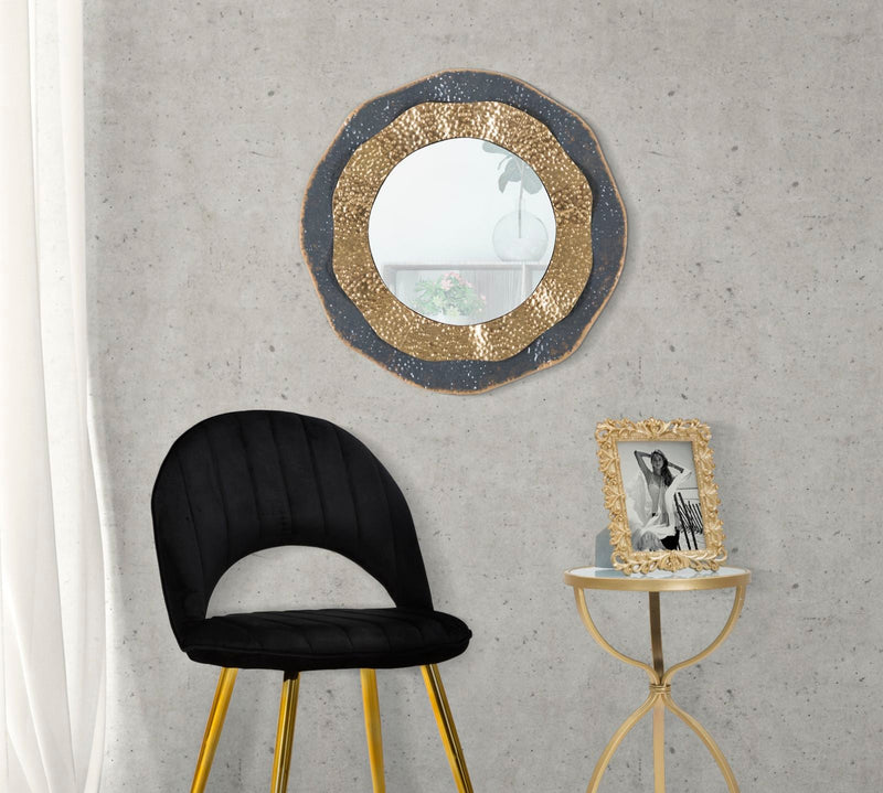 Miroir mural ondulé rond en métal doré et noir