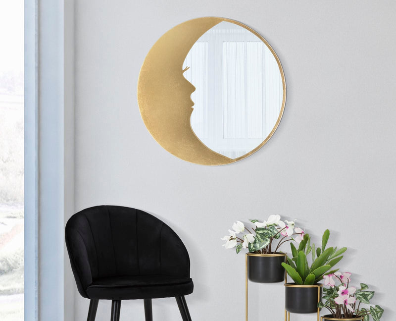 Miroir de lune rond en métal doré