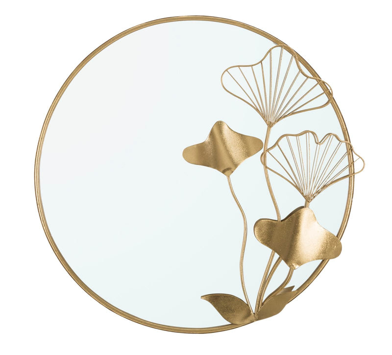 Miroir rond avec encadrement doré et motifs de feuilles et fleurs