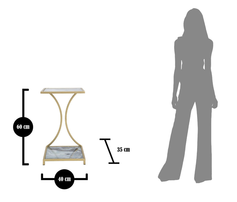 Table d’appoint carrée en métal doré avec plateau et fond en marbre gris