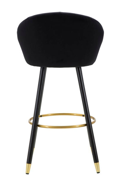 Tabouret de bar en velours noir avec pieds en bois noir et détails dorés