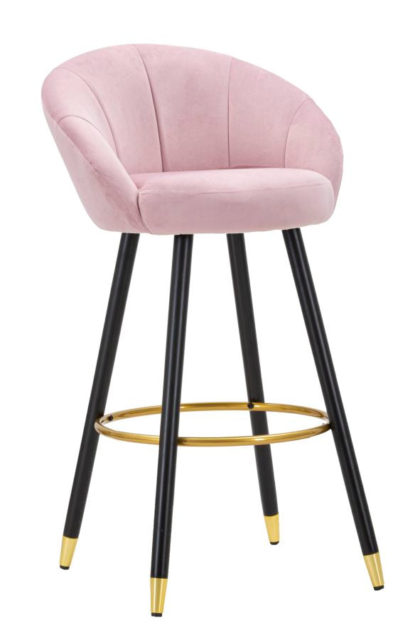 Tabouret de bar en velours rose pâle avec pieds en bois noir et détails dorés