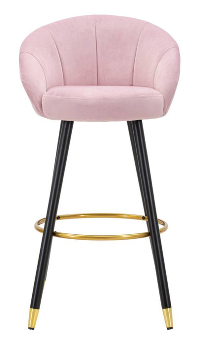 Tabouret de bar en velours rose pâle avec pieds en bois noir et détails dorés