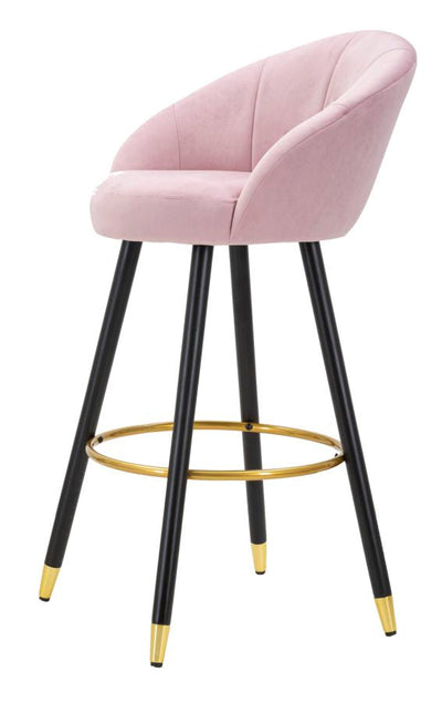 Tabouret de bar en velours rose pâle avec pieds en bois noir et détails dorés