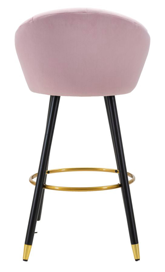 Tabouret de bar en velours rose pâle avec pieds en bois noir et détails dorés