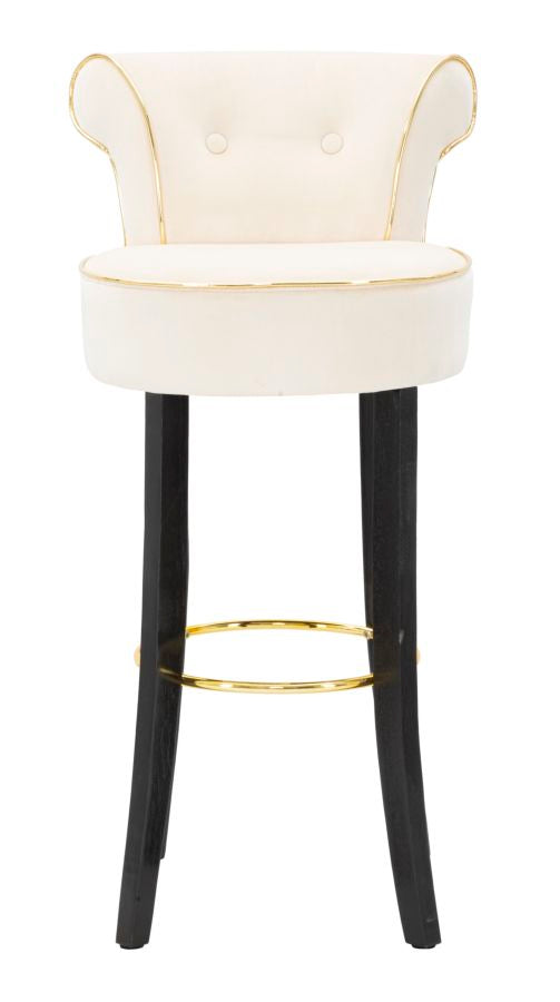 Tabouret de bar en velours crème avec pieds en bois noir et détails dorés